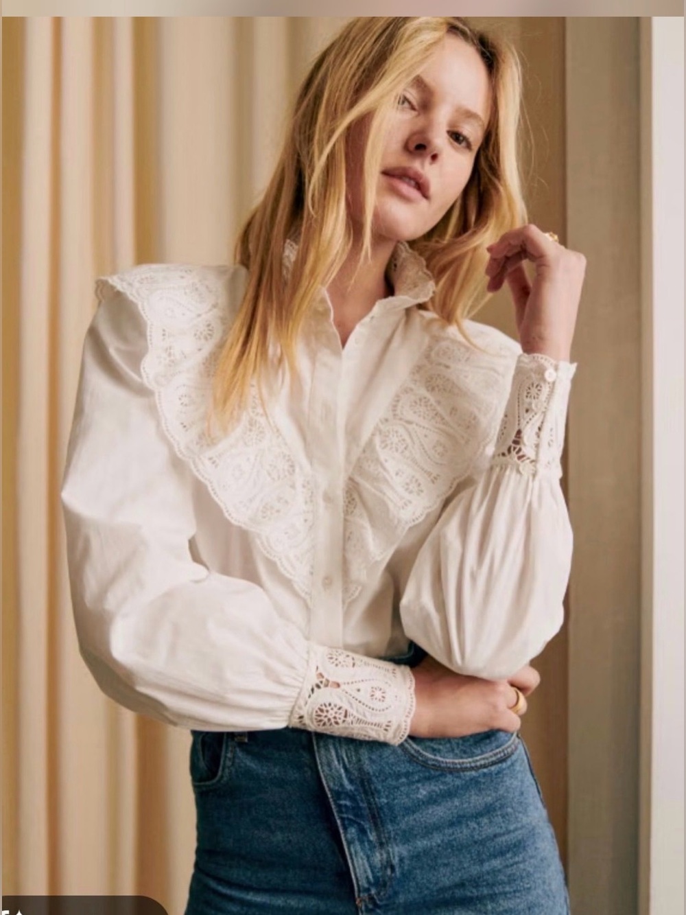 Sezane White Lace-Trim Button-Down Shirt